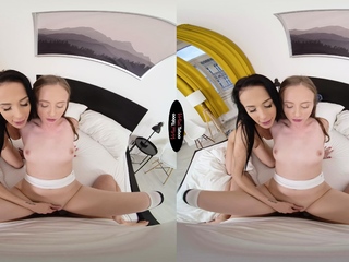 Blonde and brunette lesbian babes kiss